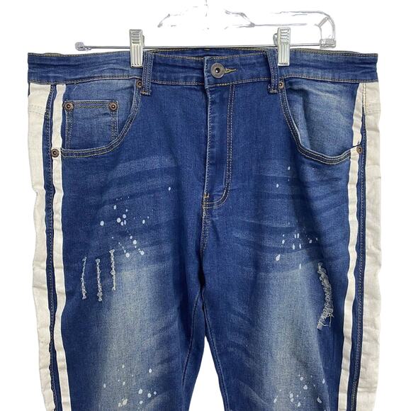 M Society Denim Jeans Mens Actual Size 38Wx31 Blue Paint Splattered Side Stripes - Picture 2 of 13